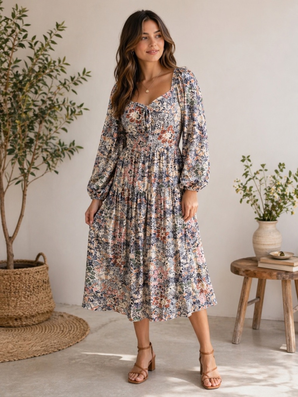 Moon River Floral Tier Boho Midi Dress - Multicolor